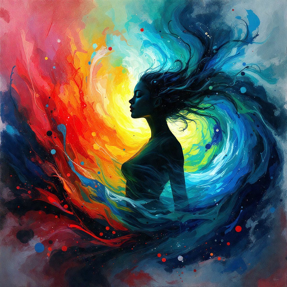 The primary subject of the image is a woman with long hair, who is the focal point of the scene. She is surrounded by a vibrant and colorful background, which includes a mix of red, blue, green, and yellow hues. The visual style of the image is a combination of digital art and illustration, creating a dynamic and artistic representation of the woman. The overall atmosphere of the image is lively and energetic, with the woman's hair flowing and the colors creating a sense of movement and energy.